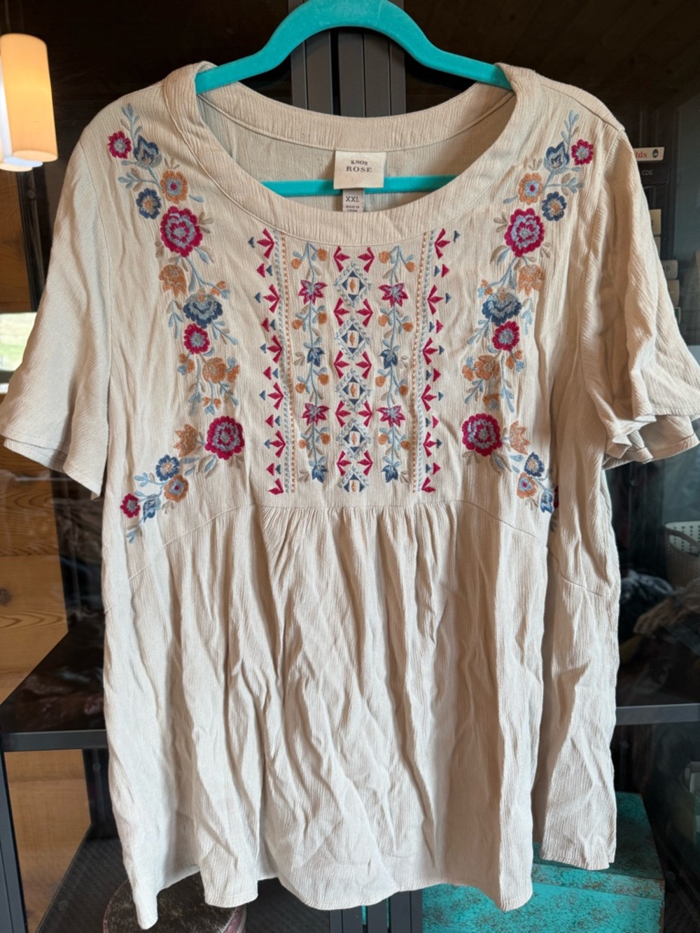 Knox Rose Cream Embroidered Floral Peasant Top